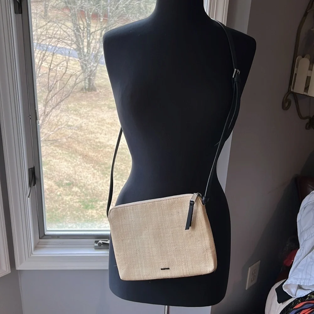 PAROIS Jute CrossBody Purse with Black Leather‎ Strap